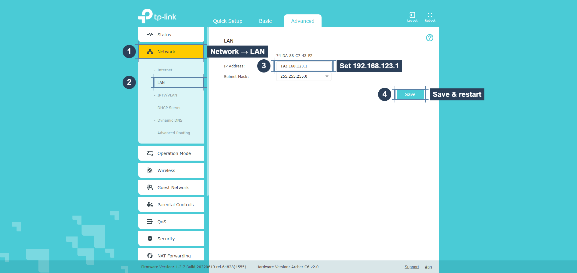 TP-Link admin: Network → LAN, set IP Address to 192.168.123.1, then Save