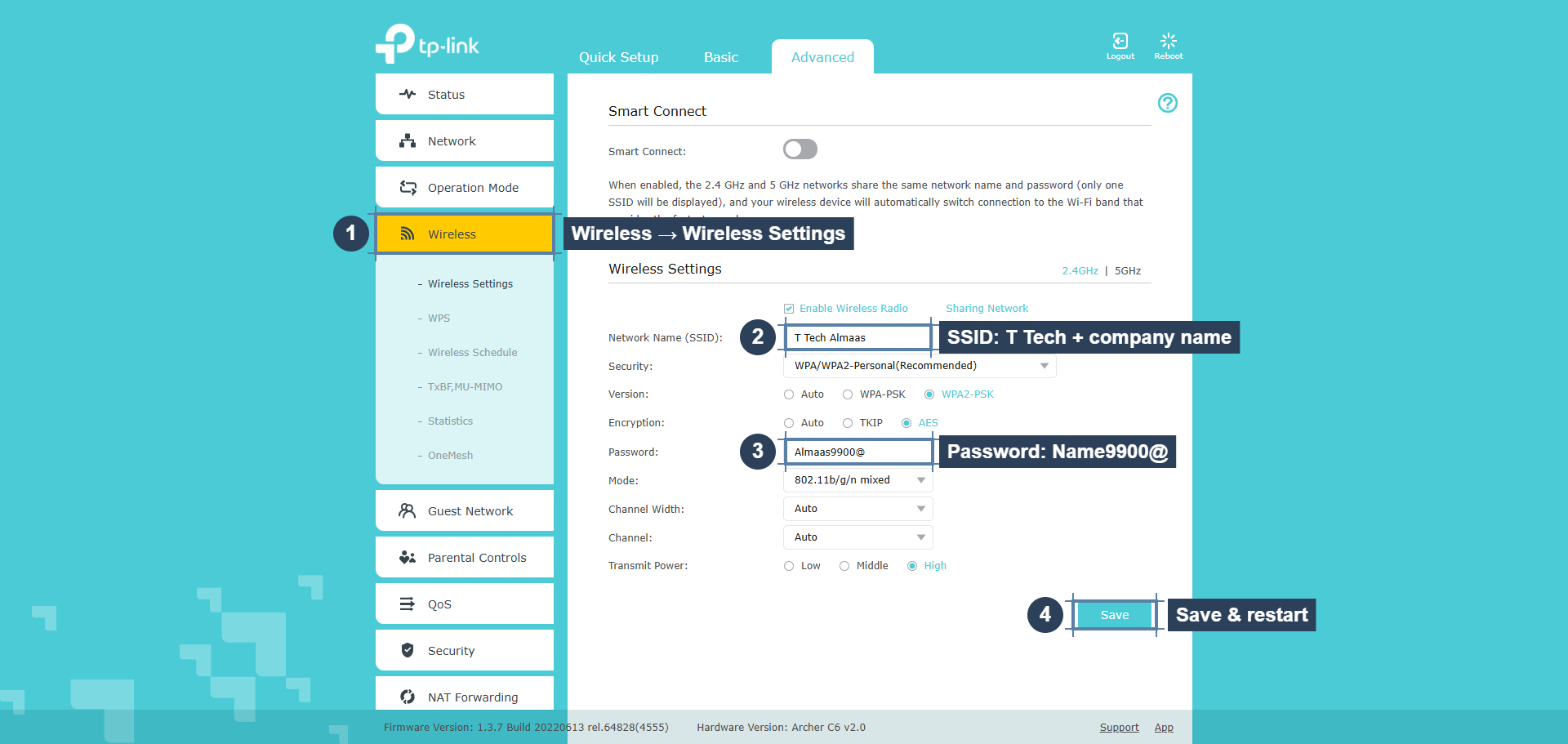 TP-Link admin: Wireless → Wireless Settings, set SSID and password, then Save